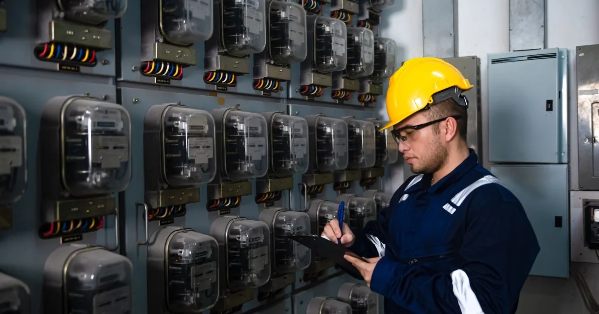 Electrical technician inspecting industrial power meter panel