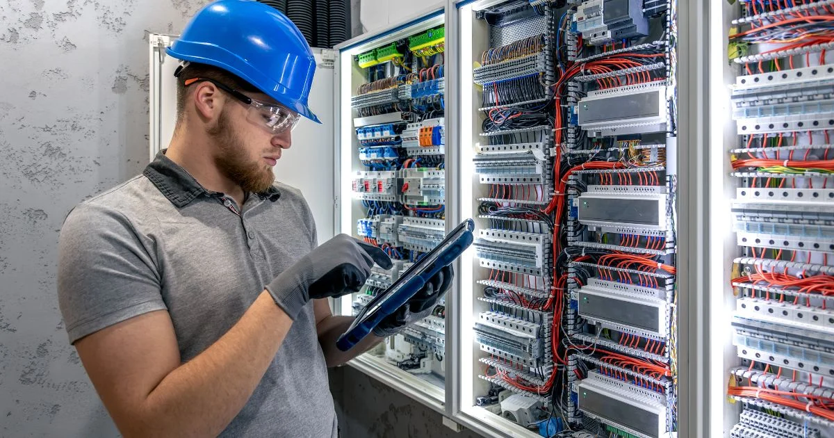 Electrician inspecting industrial electrical control panel with tablet
