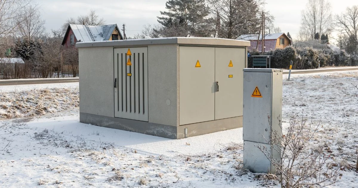 Outdoor electrical utility transformer enclosure in winter setting