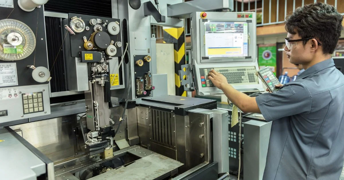 Technician operating CNC machine on factory production floor