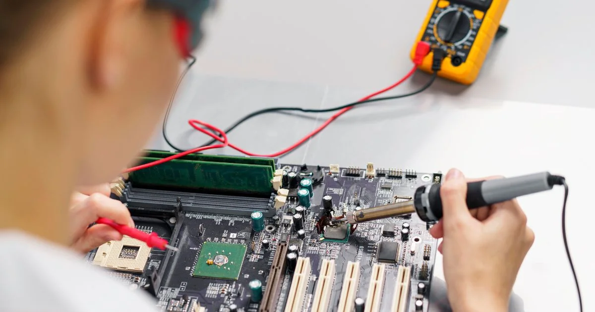 Technician soldering electronic circuit board