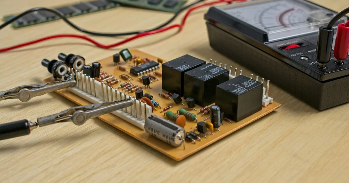 Electronic components on circuit board with test tools