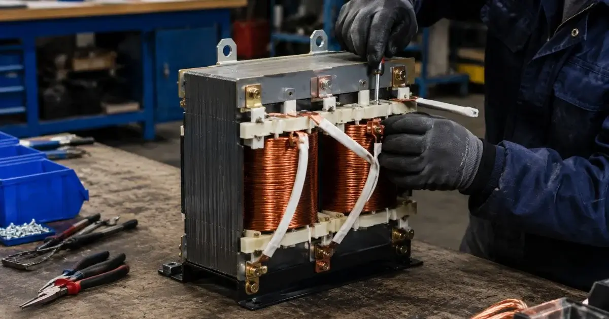 Technician assembling custom magnetic core transformer
