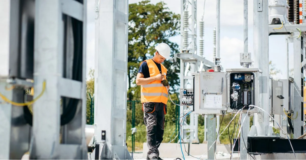 Technician inspecting electrical control equipment