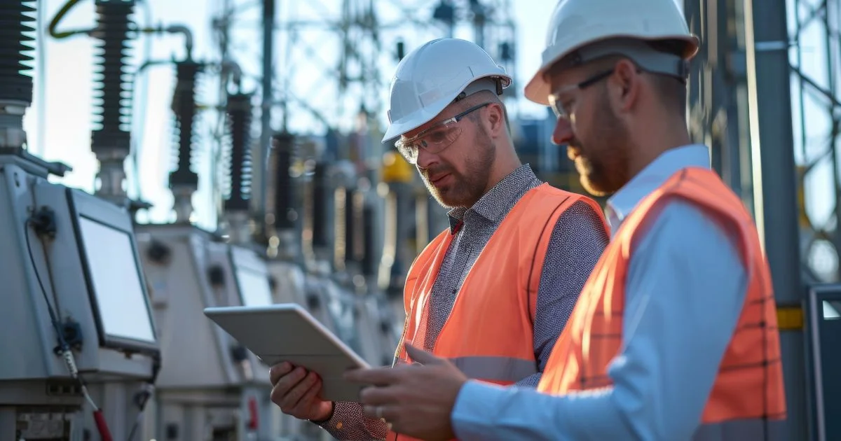 Engineers reviewing transformer installation performance