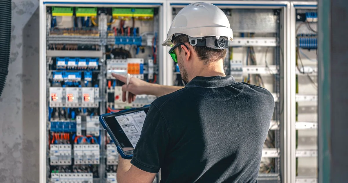 Technician inspecting electrical control panel