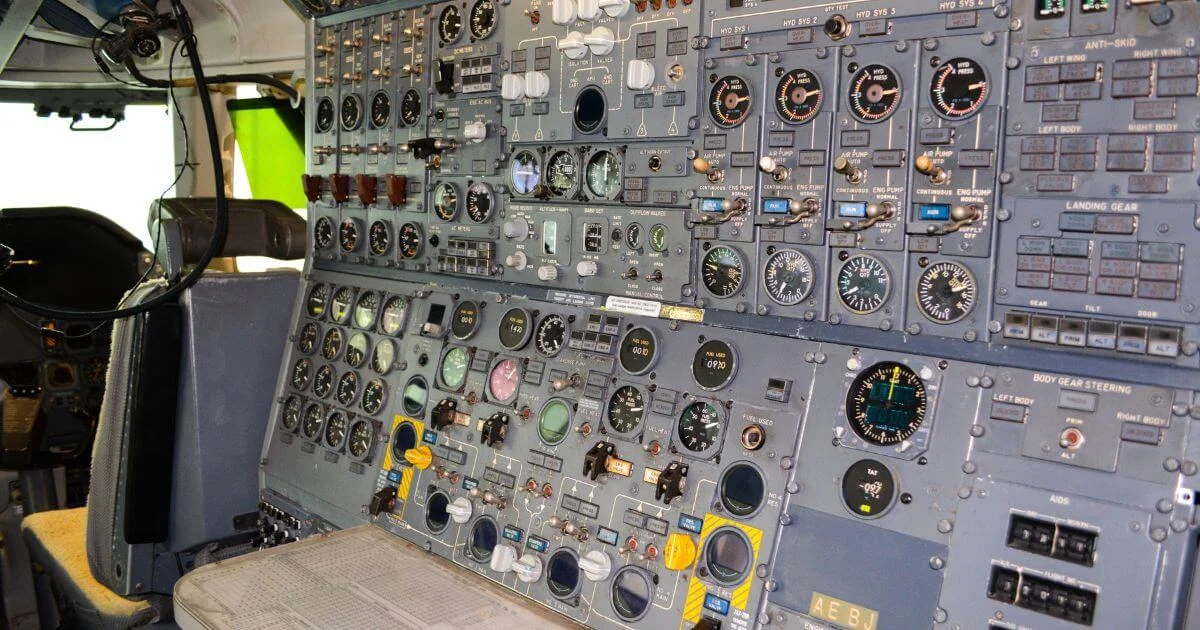 Aircraft cockpit instrument control panel close-up